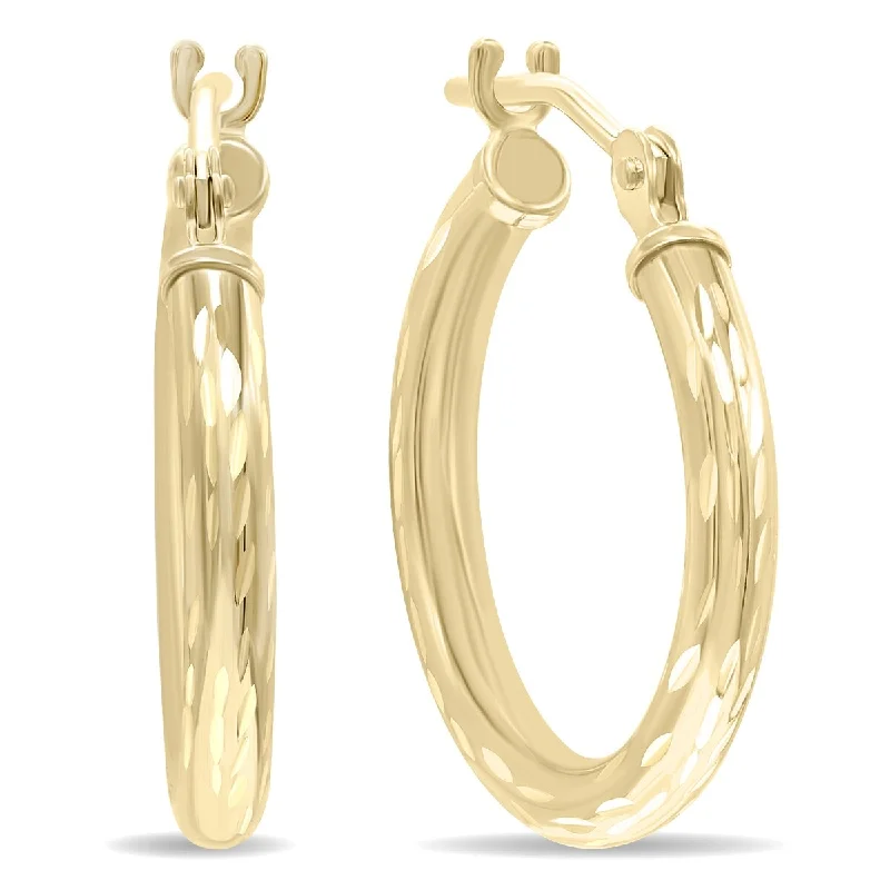 High cabochon earrings-Marquee Jewels 14K Yellow Gold Shiny Diamond Cut Engraved Hoop Earrings (16mm)