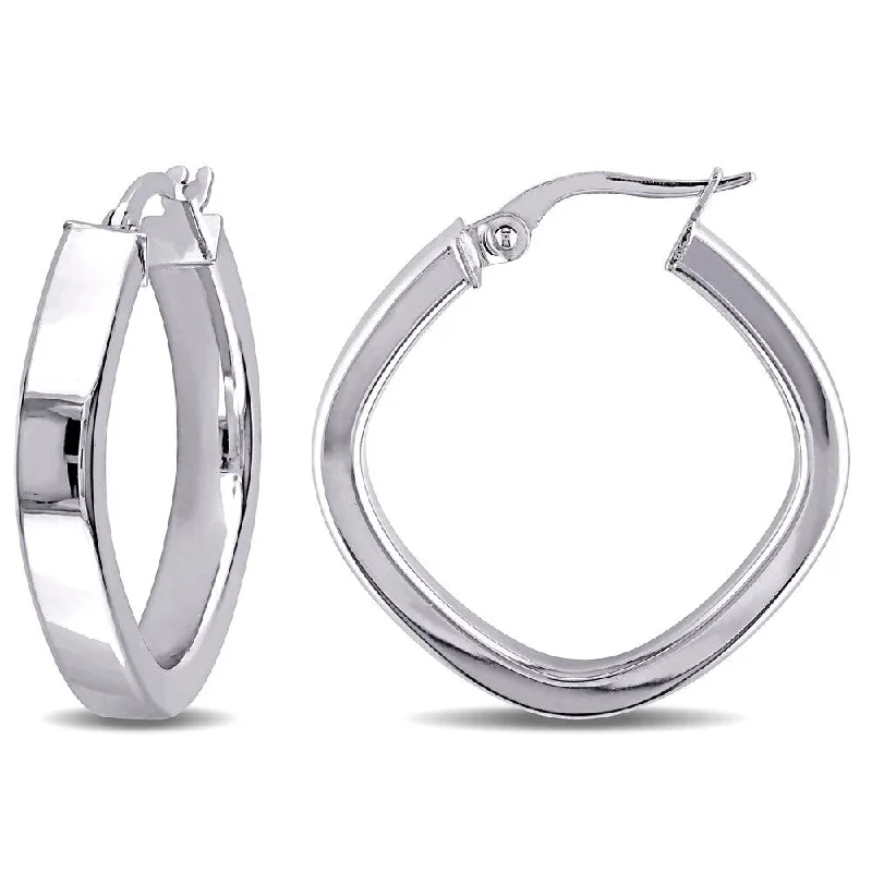 Glossy stone earrings-Miadora 10k White Gold Square Geometric Italian Hoop Earrings