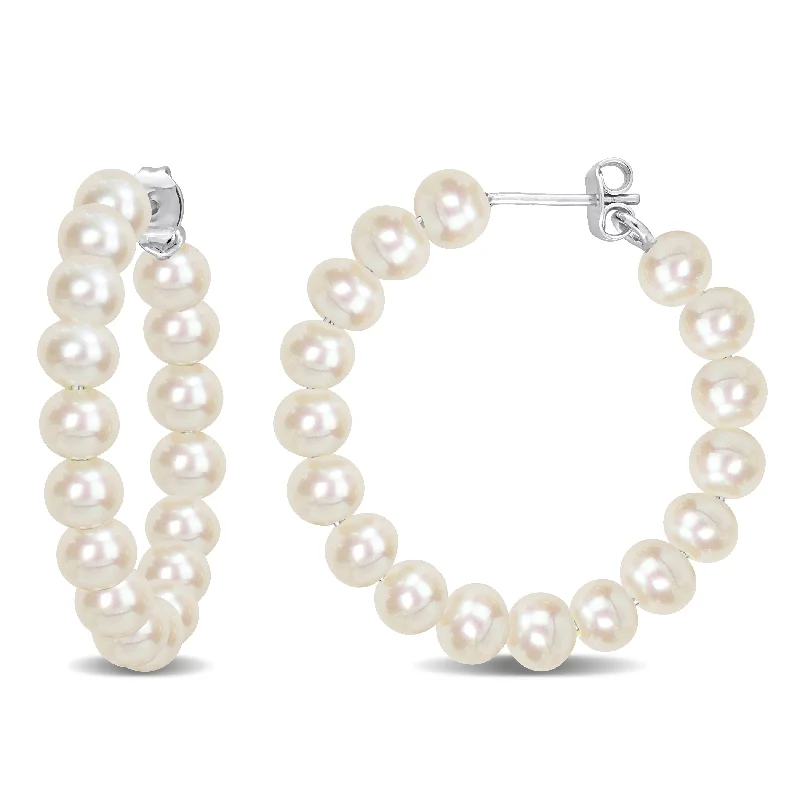 Broad hoop earrings-Miadora 5-5.5mm Cultured Freshwater Pearl Hoop Earrings in Sterling Silver