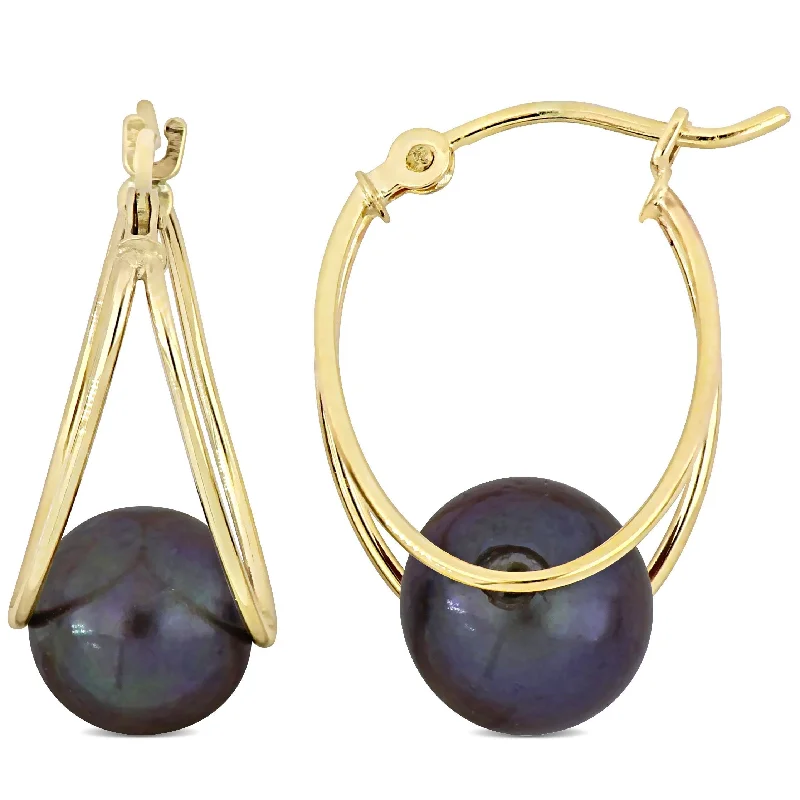 Broad hoop earrings-Miadora 8-8.5mm Cultured Freshwater Black Pearl Drop Hoop Earrings in 10k Yellow Gold