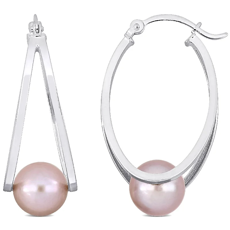 Striated edge earrings-Miadora 8-8.5mm Cultured Freshwater Pink Pearl Hoop Earrings in Sterling Silver