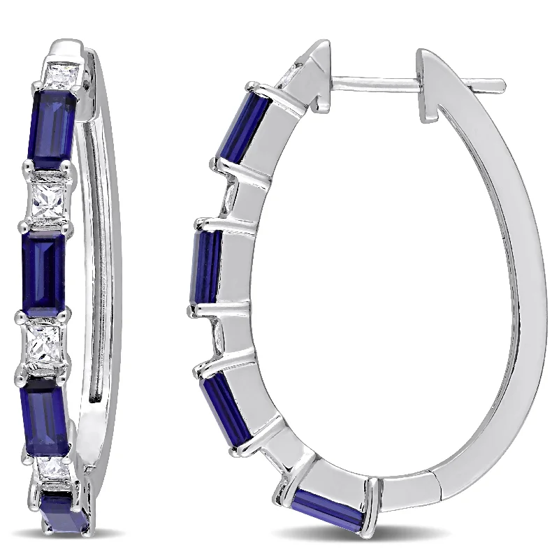 Leaning gem earrings-Miadora Baguette & Square-cut Created Blue & White Sapphire Oval Hoop Earrings in Sterling Silver