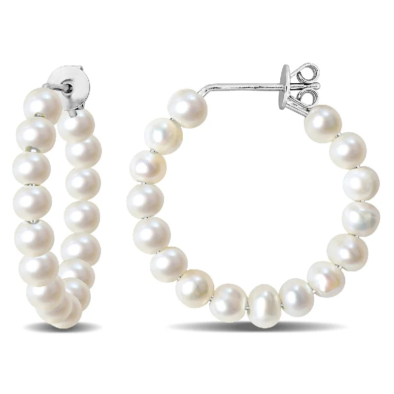 Encased gem earrings-Miadora Cultured Freshwater Pearl Hoop Earrings Sterling Silver