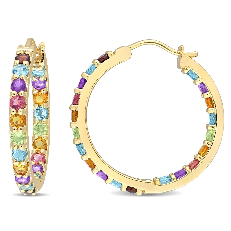 Lined hoop earrings-Miadora Multi-Color Gemstone Hoop Earrings in Yellow Plated Sterling Silver