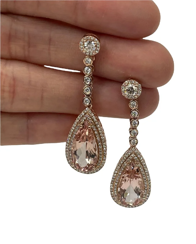 Deep-set earrings-Morganite Gem Dangling Diamond Earrings Rose Gold 14kt