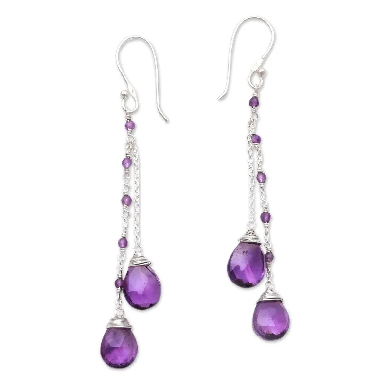 Ethnic grooved earrings-NOVICA Dangling Dew, Amethyst dangle earrings - 2.8" L x 0.3" W x 0.2" D