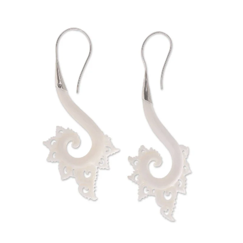 Open-cloud earrings-NOVICA Peaceful Spirals, Bone drop earrings - 3.3*0.2