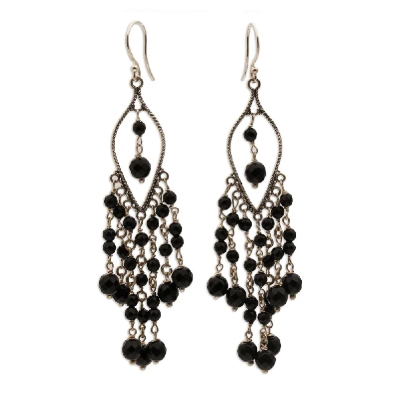 Carved pattern earrings-Onyx Chandelier Earrings, 'Shadow Drops' (Indonesia) - 3.2L0.6W