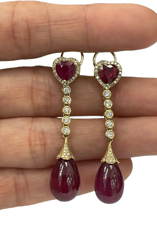 Vintage-style opal earrings-Ruby Gem Round Brilliants Diamond Dangling Earrings Yellow Gold 14kt