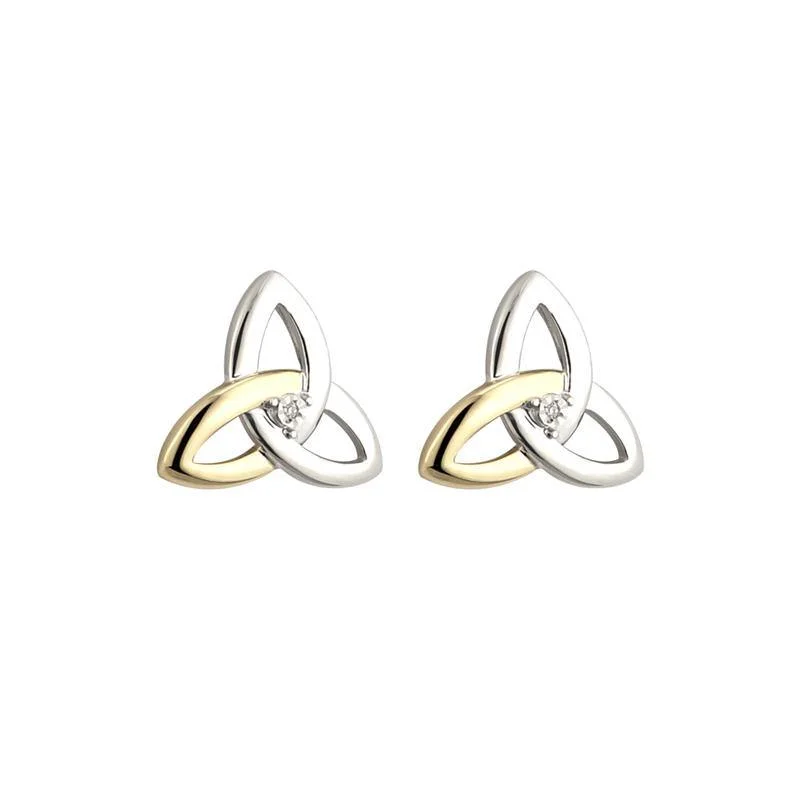 Firm gold earrings-10K Gold Diamond Silver Trinity Knot Stud Earrings