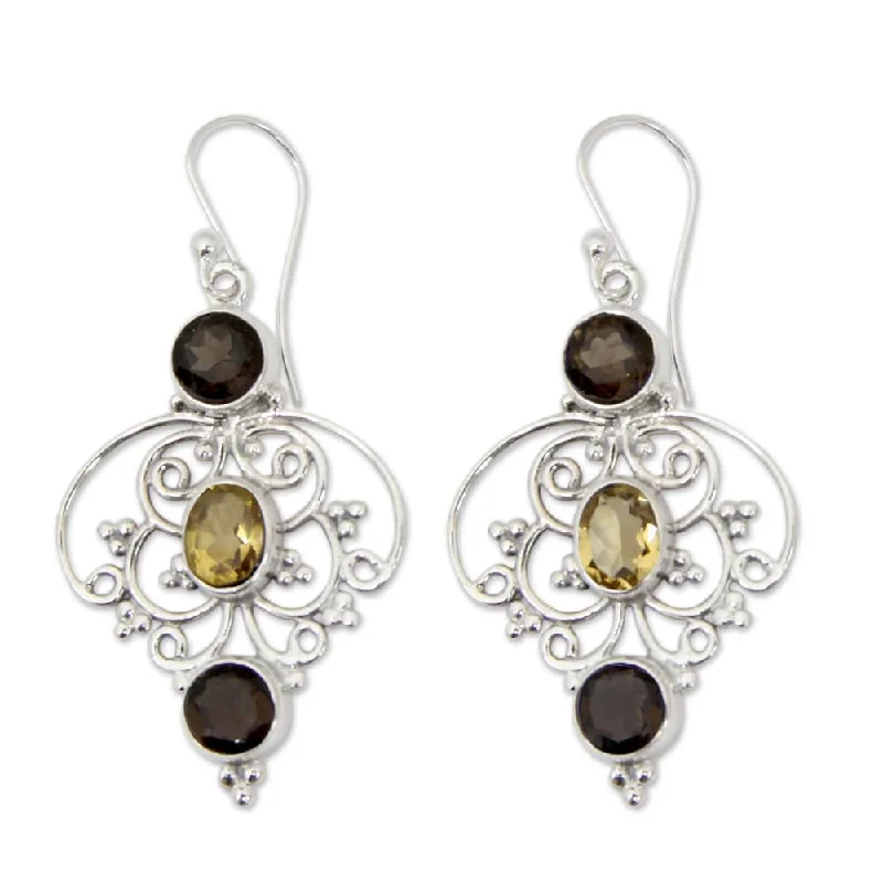 Edge-set earrings-Sterling Silver 'Dusk Arabesque' Quartz Citrine Earrings (India)