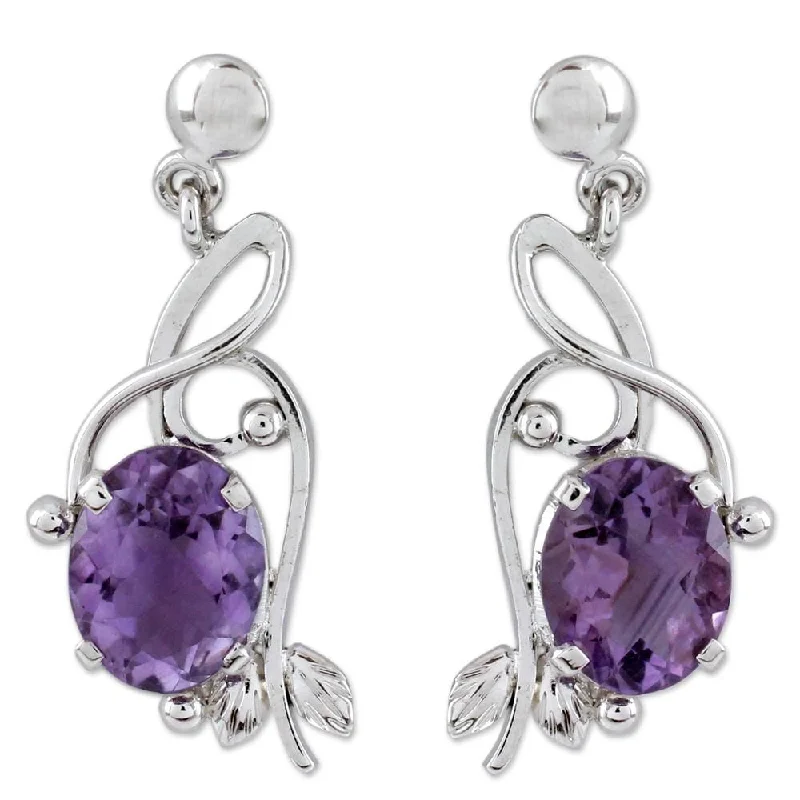 Rich garnet earrings-Sterling Silver Jungle Orchid Amethyst Earrings (India) - 1.4L*0.6W