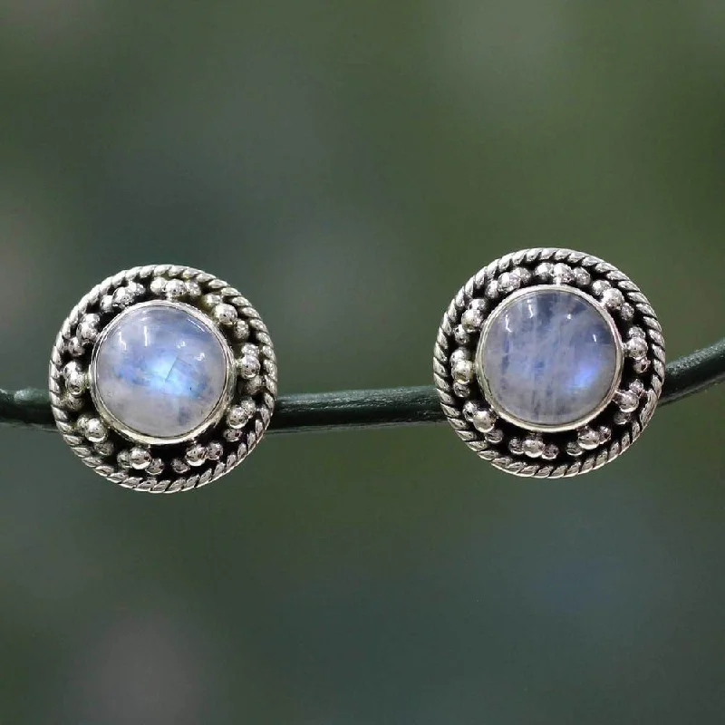 Wire-arc earrings-Sterling Silver 'Lavish Moons' Rainbow Moonstone Earrings (India)