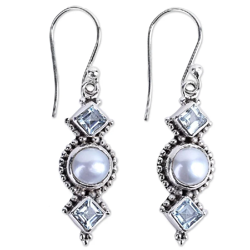 Flat-set stone earrings-Sterling Silver 'Marine Allure' Cultured Pearl Blue Topaz Earrings