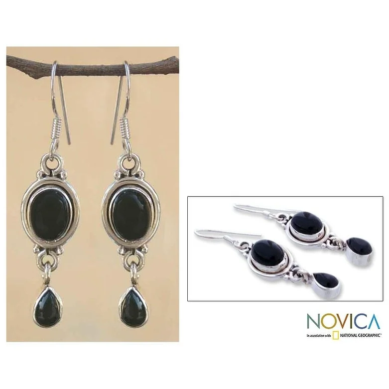 Light-etched earrings-Sterling Silver Mystery Onyx Drop Earrings