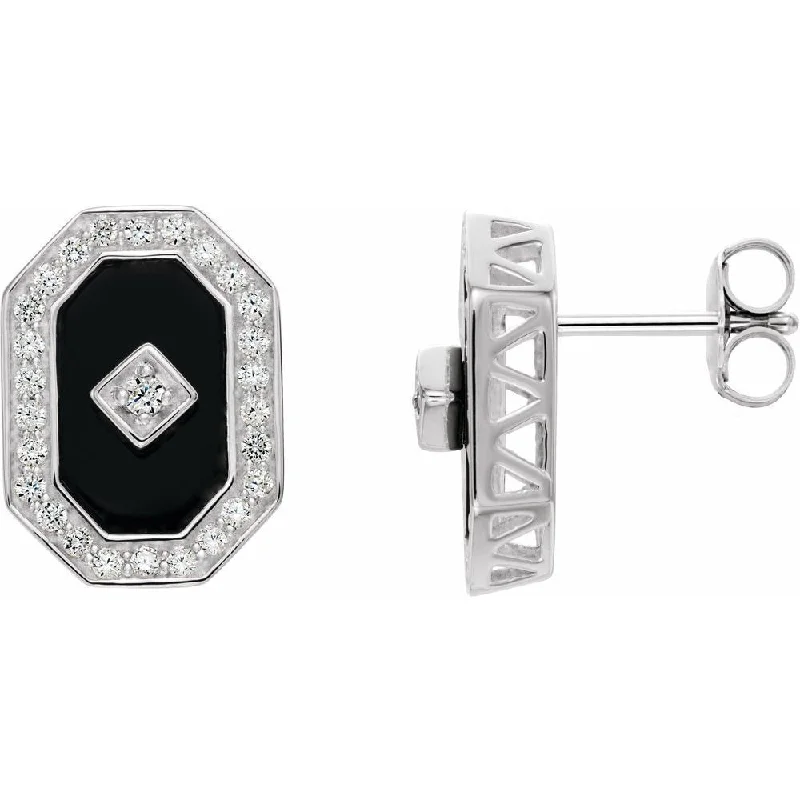 Vintage topaz earrings-Sterling Silver Onyx & Cubic Zirconia Halo-Style Stud Earring for Women