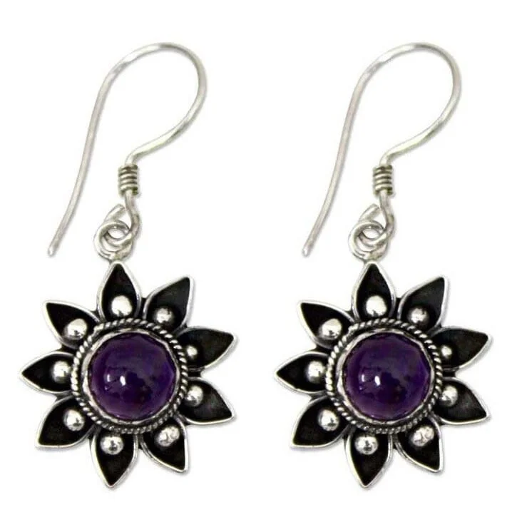 Encased gem earrings-Sterling Silver 'Sunflowers' Amethyst Dangle Earrings - Purple