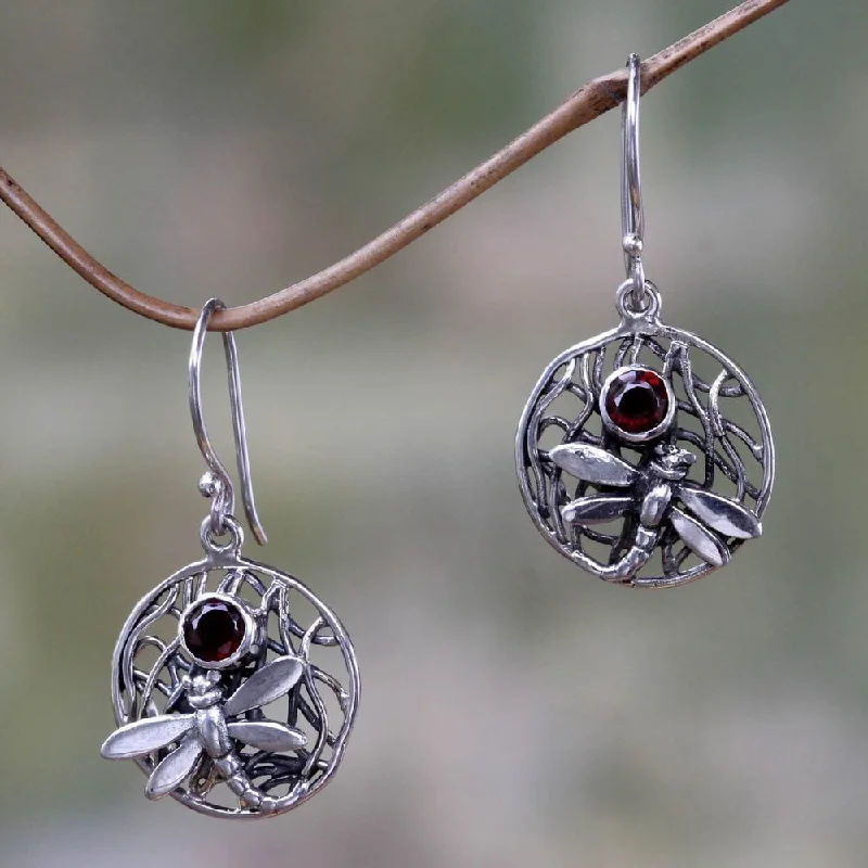 Open-cloud earrings-Sterling Silver Wild Dragonfly Garnet Earrings (Indonesia)