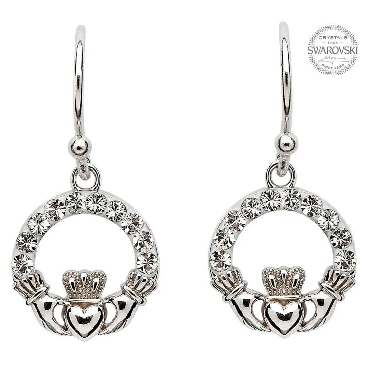 Ethnic grooved earrings-Swarovski Crystal Dangle Claddagh Earrings