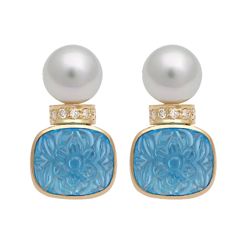 Earrings - South Sea Pearl, Blue Topaz And Diamond