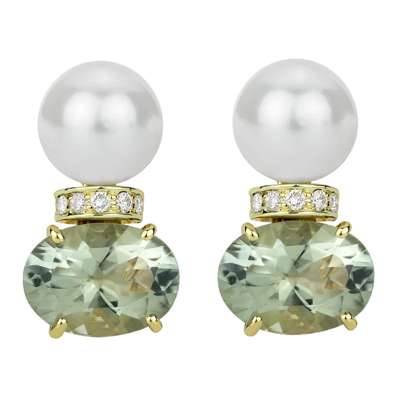 Earrings - South Sea Pearl, Green Quartz And Diamond