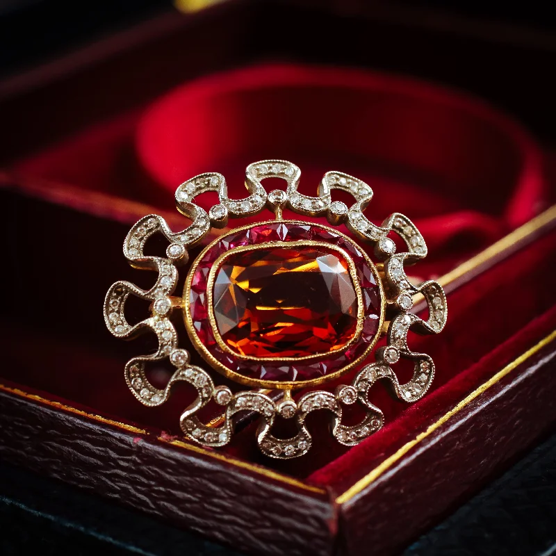 Extraordinary Antique Edwardian Citrine, Ruby and Diamond Brooch