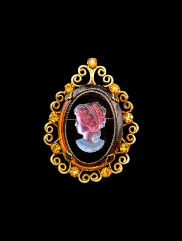 1960s Juliana D&E Celebrity NY Amber Glass Iridescent Cameo with Gold Filigree and Orange Rhinestone Brooch Pin Pendant